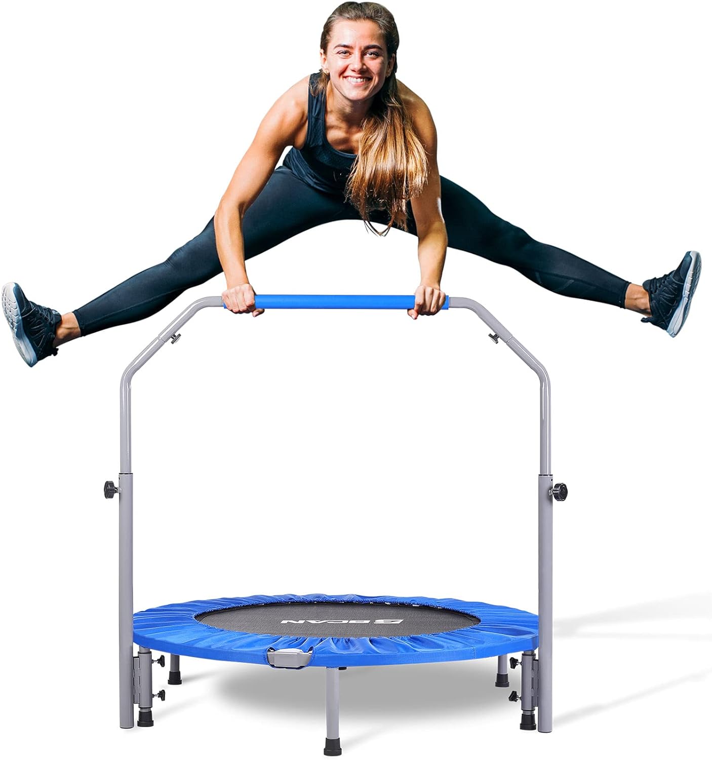 כותרת: BCAN 250KG טרמפולינה קטנה מתקפלת, 120CM טרמפולינת כושר עם חבלי באנג׳י, צורת U/T ידיות ספוג מתכווננות, אימון יציב ושקט ילדים מבוגרים פנים/חוץ ספורט