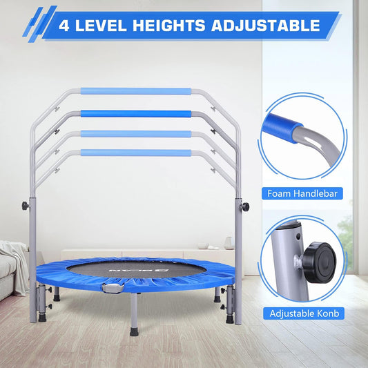 כותרת: BCAN 250KG טרמפולינה קטנה מתקפלת, 120CM טרמפולינת כושר עם חבלי באנג׳י, צורת U/T ידיות ספוג מתכווננות, אימון יציב ושקט ילדים מבוגרים פנים/חוץ ספורט