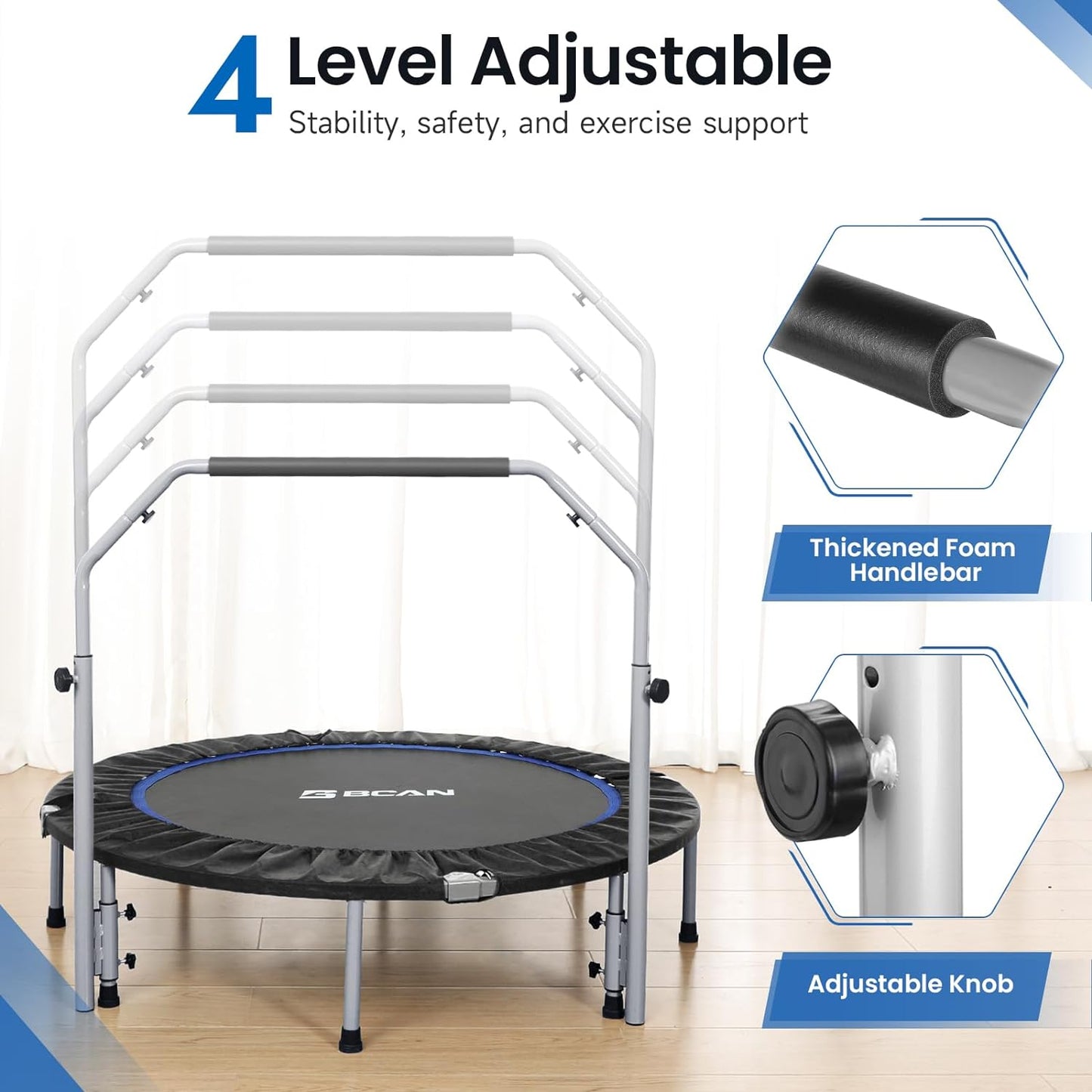 כותרת: BCAN 250KG טרמפולינה קטנה מתקפלת, 120CM טרמפולינת כושר עם חבלי באנג׳י, צורת U/T ידיות ספוג מתכווננות, אימון יציב ושקט ילדים מבוגרים פנים/חוץ ספורט