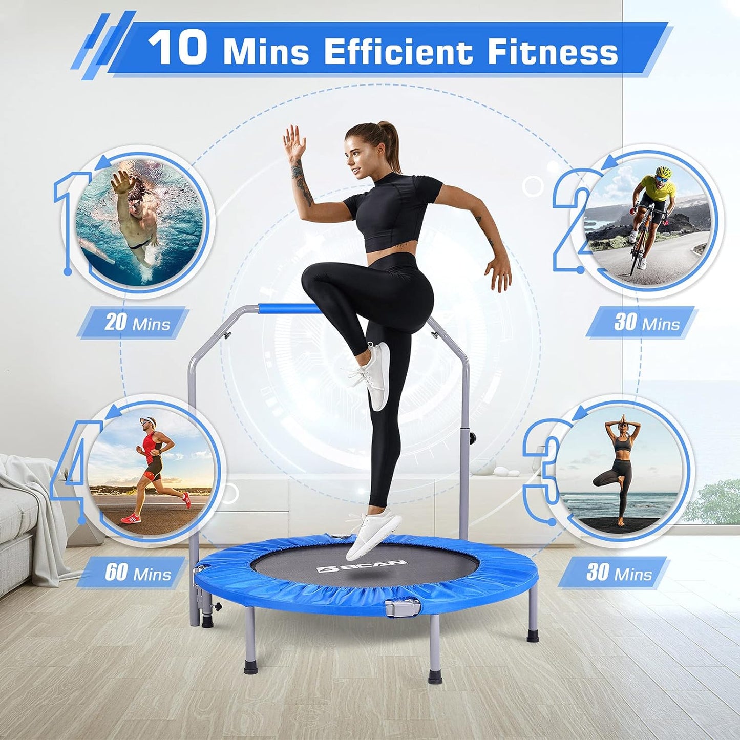 כותרת: BCAN 250KG טרמפולינה קטנה מתקפלת, 120CM טרמפולינת כושר עם חבלי באנג׳י, צורת U/T ידיות ספוג מתכווננות, אימון יציב ושקט ילדים מבוגרים פנים/חוץ ספורט
