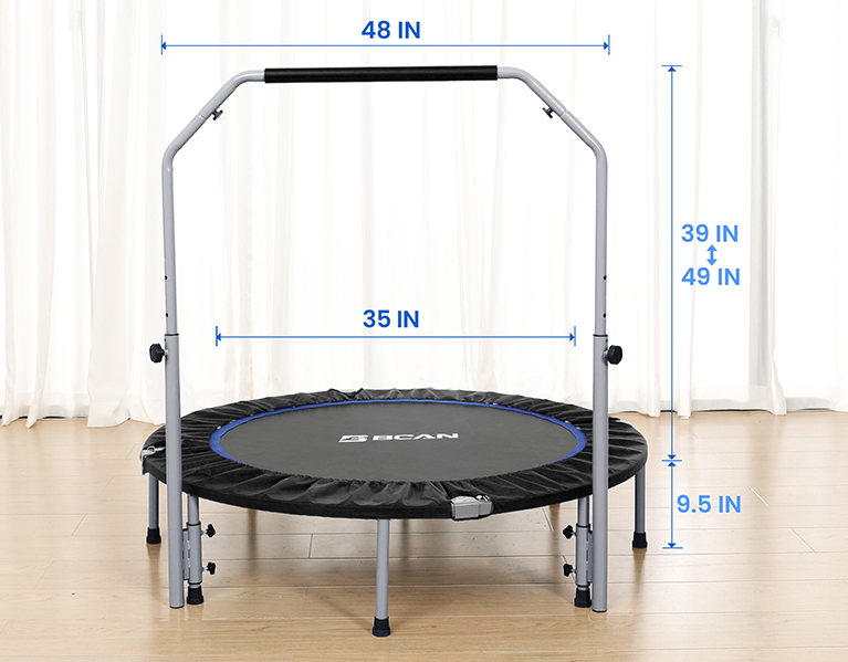 כותרת: BCAN 250KG טרמפולינה קטנה מתקפלת, 120CM טרמפולינת כושר עם חבלי באנג׳י, צורת U/T ידיות ספוג מתכווננות, אימון יציב ושקט ילדים מבוגרים פנים/חוץ ספורט