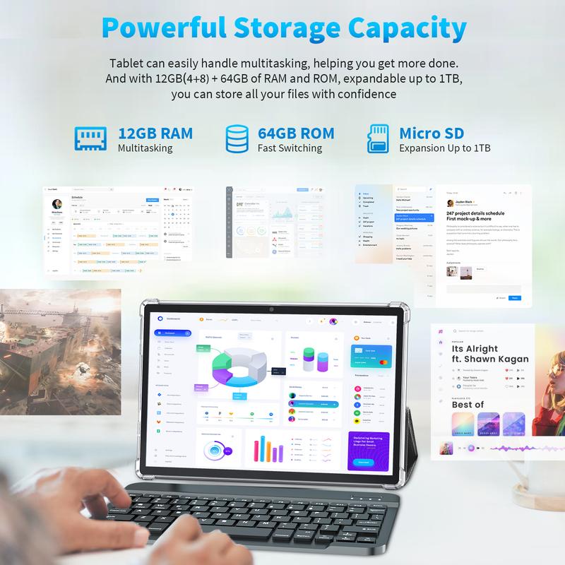 טאבלט, טאבלט אנדרואיד 2025 עם מקלדת, 14GB+265GB+1TB, טאבלטים סלולריים 4G עם חריץ סים כפול, טאבלטים 2 ב-1 בגודל 10.1 אינץ' עם אוקטה ליבות ומסך Incell, Wifi 5G, 7000 מיליאמפר/שעה, נעילת פנים, עכבר, כיסוי