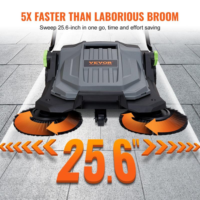 מטאטא  מכני רוחב עבודה 65 ס"מ, מופעל על ידי דחיפה ידנית ללא מנוע חשמלי, מיכל איסוף פסולת בגודל 19 ליטר, ידית אחיזה מתקפלת עם כוונון גובה וזווית, מתאים לניקוי שבילי גישה, גינות, חניות וחצרות פנימיים