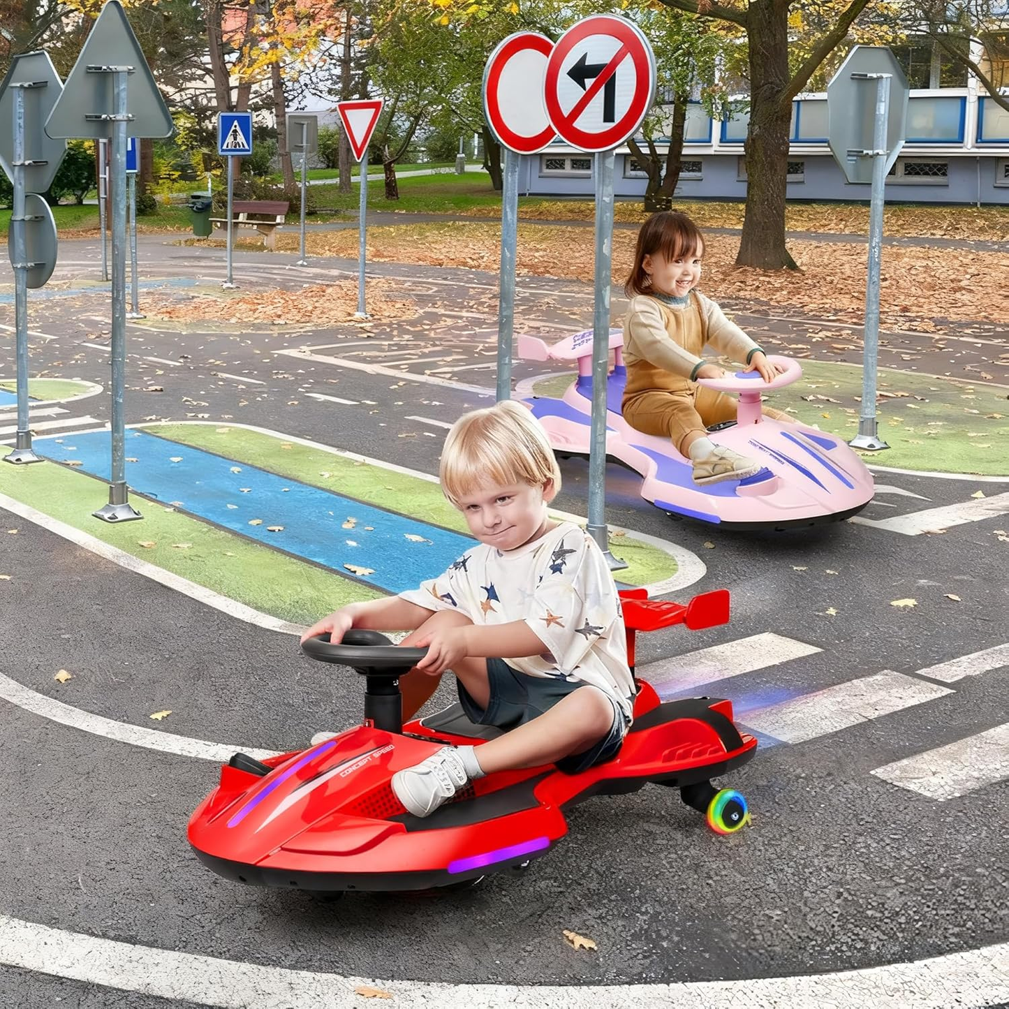 רכב ממונע לילדים 12V בעיצוב קארטינג ספורטיבי מופעל על ידי סוללה חשמלית, סיבוב 360 מעלות, נגן MP3 מובנה, תאורת לד מדליקה צעצוע ממונע לגילאי 3 עד 8