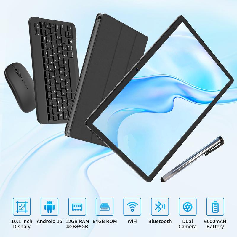 טאבלט, טאבלט אנדרואיד 2025 עם מקלדת, 14GB+265GB+1TB, טאבלטים סלולריים 4G עם חריץ סים כפול, טאבלטים 2 ב-1 בגודל 10.1 אינץ' עם אוקטה ליבות ומסך Incell, Wifi 5G, 7000 מיליאמפר/שעה, נעילת פנים, עכבר, כיסוי