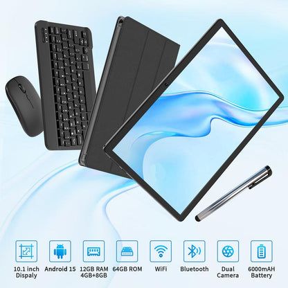 טאבלט, טאבלט אנדרואיד 2025 עם מקלדת, 14GB+265GB+1TB, טאבלטים סלולריים 4G עם חריץ סים כפול, טאבלטים 2 ב-1 בגודל 10.1 אינץ' עם אוקטה ליבות ומסך Incell, Wifi 5G, 7000 מיליאמפר/שעה, נעילת פנים, עכבר, כיסוי