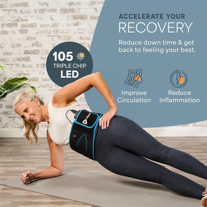 חגורת טיפול באור – אחריות לכל החיים – אור אדום 660nm + אור NIR 850nm – 105 נורות LED משולשות – לתמיכה בעור ובשרירים – עיצוב עוטף ונייד – שלט רחוק