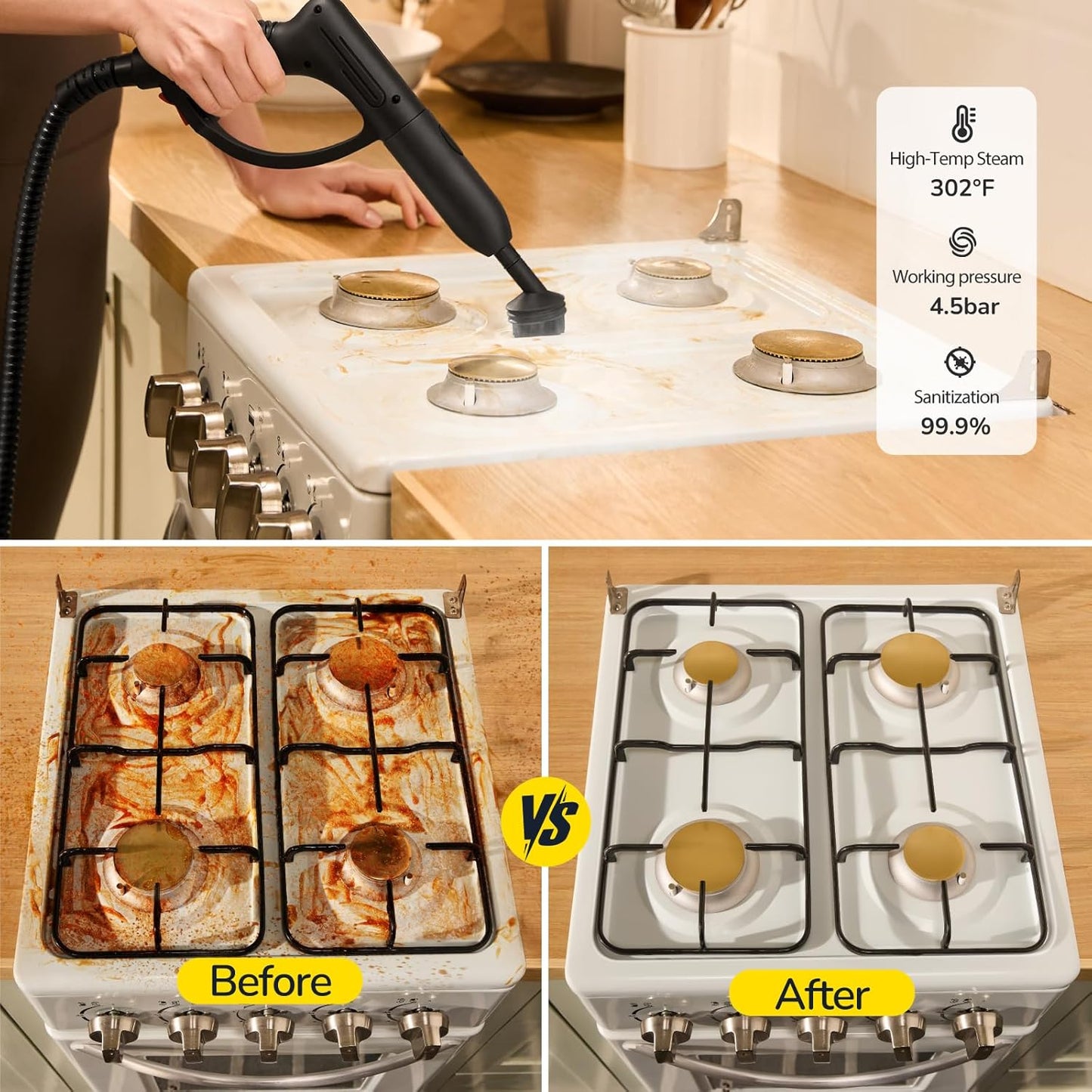 מכשיר לניקוי בקיטור, 28 אביזרים, מיכל מים גדול בנפח 2 ליטר המספיק לניקוי ממושך, לחץ מים עוצמתי של 66 PSI , ניקוי עמוק ונטול כימיקלים של מטבחים, חדרי אמבטיה ורכבים, מחטא, מנקה ומסיר שומן, לכלוך וזיהומים