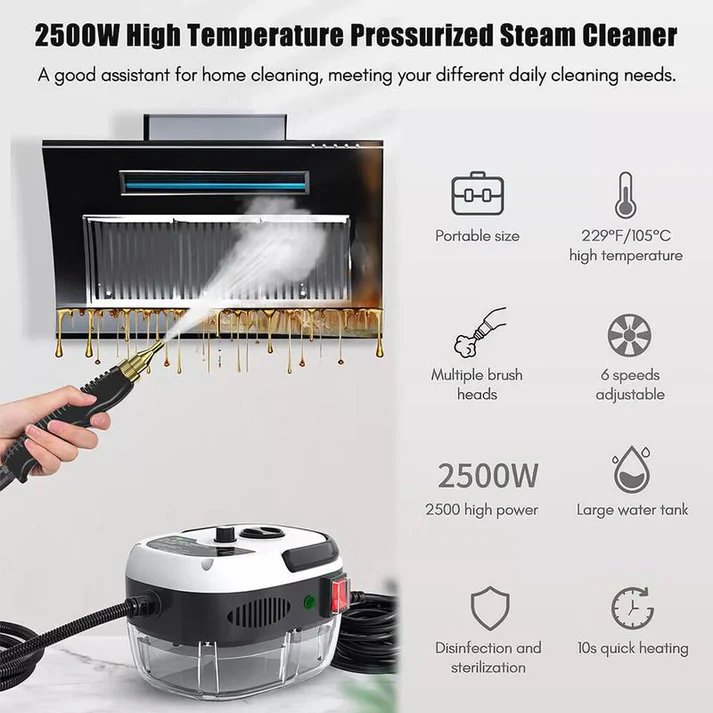 מנקה קיטור ידני 2500W לרכב ולבית – ניקוי עוצמתי בטמפרטורה גבוהה עם עיצוב נייד ורב-שימושי