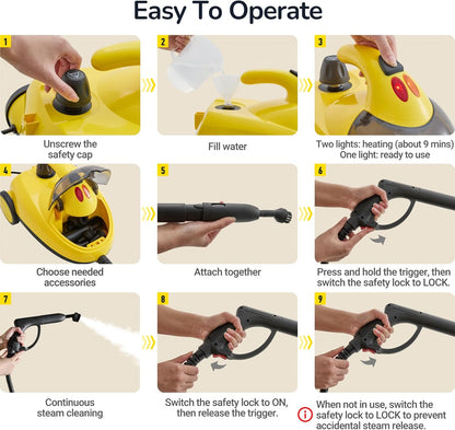 מכשיר לניקוי בקיטור, 28 אביזרים, מיכל מים גדול בנפח 2 ליטר המספיק לניקוי ממושך, לחץ מים עוצמתי של 66 PSI , ניקוי עמוק ונטול כימיקלים של מטבחים, חדרי אמבטיה ורכבים, מחטא, מנקה ומסיר שומן, לכלוך וזיהומים